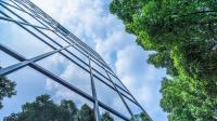 Bæredygtigt byggeri med glasfacade og træer